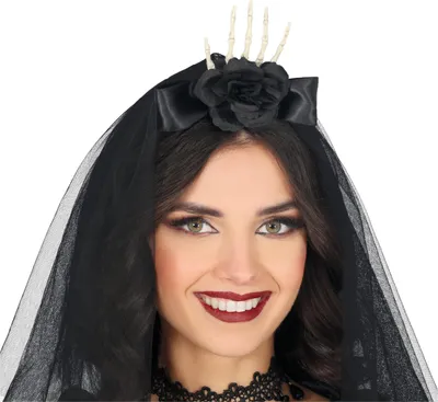 Produktbild von Halloween Skelett Hand Haarreifen Blumendekor Schleier Accessoire Kostüm Party Gothic Stil, Farbe: Schwarz
