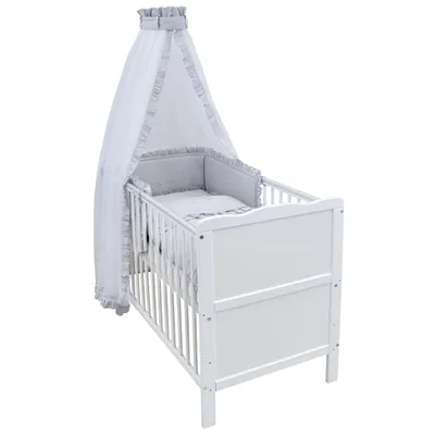 Produktbild von Baby-Delux Babybett Kinderbett Jack Umbaubar 140x70 Weiß Beißschienen Bettset Komplett Royal Rüsche Grau