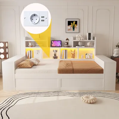 Obrázek produktu pro okwish denní lůžko 90x200 s LED osvětlením, USB portem a vestavěným úložným prostorem, dětská postel s úložným prostorem, multifunkční postel, barva bílá, bez matrace