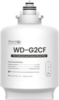 A white water filter cartridge with product information printed on it.