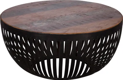 Gesamtansicht des runden Couchtischs mit Holzplatte in Braun und durchbrochenem Metallgestell in Schwarz.