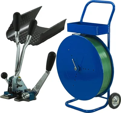 Produktbild von 16 mm PET Umreifung Set Umreifungsband Abrollwagen Verschlussgerät Hülsen 1300m