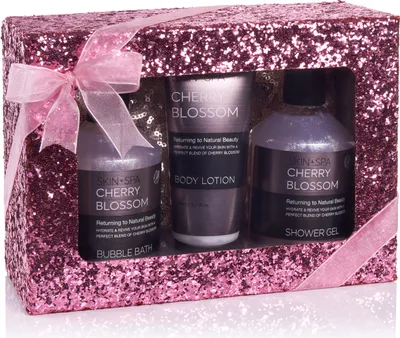 Obrázok produktu pre BRUBAKER Beauty Set Cherry Blossom Skin + Spa - 4-dielna sada do kúpeľa a sprchy s vôňou čerešňového kvetu v trblietavej darčekovej krabičke ružovej farby + kozmetická taštička