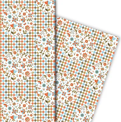 Produktbild von Modernes grafisches Geschenkpapier mit Retro Blumen und Muster auf weiß - G7625, 32 x 48cm
