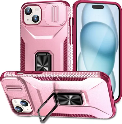 Produktbild von Handyhülle für iPhone 15 Plus Dual Layer Hülle mit Schiebe Kamera Schutz und Ringhalter Ständer Rosa