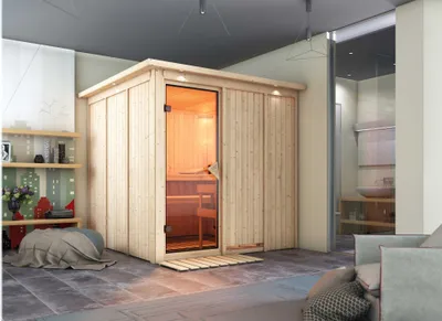 Produktbild von Karibu Sauna Innensauna Rodin Fronteinstieg ohne Zubehör 210x210x202 cm mit Dachkranz mit Bronzierte Tür