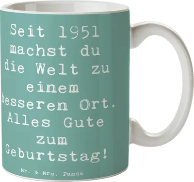 Produktbild von Mr. & Mrs. Panda Kaffeebecher Spruch 1951 Geburtstag - Meeresbrise - Geschenk, schöne tasse, Geburtstagsgeschenk, Bürotasse, Happy Birthday, geboren, Becher, Alter