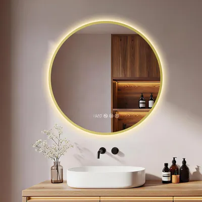 Zdjęcie produktu dla S'AFIELINA Lustro łazienkowe z oświetleniem okrągłe średnica 60 cm, lustro łazienkowe LED dotykowe, bez zaparowania, ściemniane, zegar, temperatura, funkcja pamięci, złote