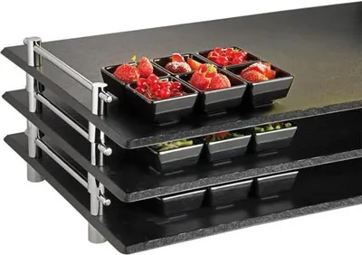 Produktbild von APS 83980 GN 1/1 Tablett SLATE HOCHSTAPLER, Melamin, verchromte Griffe, 53 x 32,5 cm, Höhe 6 cm, schwarz Schieferlook