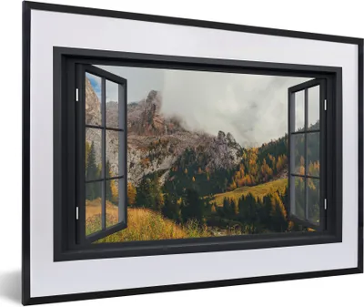 Produktbild von MuchoWow® MuchoWow® Gerahmtes Poster Aussicht - Berg - Baum 60x40 cm - Poster mit zchwarzem Bilderrahmen - Schlafzimmer - Plakat in Rahmen - Drucken