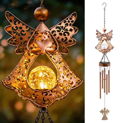 Image de Mobile à vent en métal avec un ange solaire, idéal pour la décoration de jardin