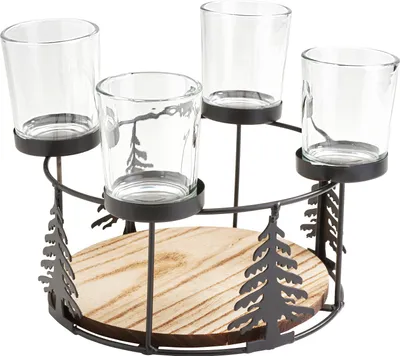 Produktbild von Holz-Metall-Adventskranz mit Baumsilhouette + 4 Gläser für Kerzen