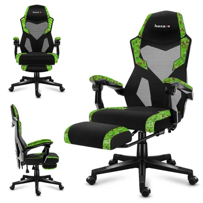 A gaming chair is shown from multiple angles against a white background.