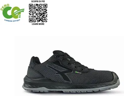 A black and gray safety shoe is shown against a white background. There are also some marketing graphics and a QR code in the upper left corner.