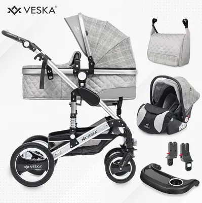 Produktbild von VESKA® 3 in 1 Kombi-Kinderwagen inkl. Babyschale, Buggy, Jogger mit Wickeltasche, Moskitonetz, Regencover, Spieltisch, Autoschale Fußsack, QuickFold, Aluminiumrahmen - Silber - anthrazit/kariert