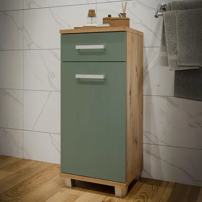 Produktbild von Forte VERIS Badezimmerkommode 40, moderne Kommode, 1-türig, 1 Schublade, Holzwerkstoff, Salbei mit Artisan Eiche Holzdekor, 40,2 cm breit x 90,8 cm hoch x 34,8 cm tief