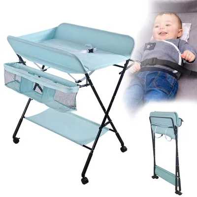 Image de Table à langer réglable en hauteur, pliable, avec roulettes et espace de rangement, dimensions : 80 x 66 x 98 cm, couleur : bleu