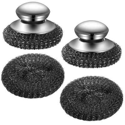 Stahlwolleschrubber-Set, 2 Stück + 2 Ersatzpads, 10 cm, silber