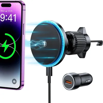 Zdjęcie produktu dla Uchwyt samochodowy z funkcją ładowania, magnetyczny uchwyt na telefon do samochodu, szybkie ładowanie, kompatybilny z serią iPhone 17/16, w zestawie ładowarka QC3.0