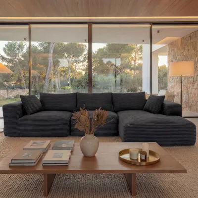 Produktbild von Sofa-Garnitur HWC-P20, 3-Sitzer Couch Loungesofa, Stoff/Textil Cord (370 g/m²) Liegefläche rechts  dunkelgrau