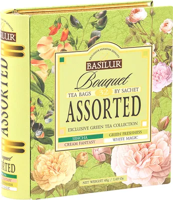 A box of assorted tea bags designed to look like a book, with floral illustrations.