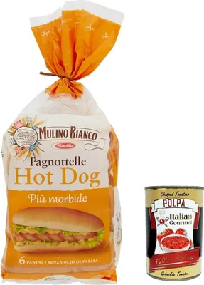 Produktbild von 6x Mulino Bianco Mini Hot Dog Brot, Packung mit 325g, Jede Packung enthält 6 Hot Dog Buns + Italian Gourmet Polpa di Pomodoro 400g Dose