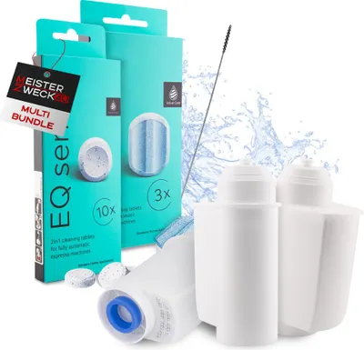 Produktbild von MEISTERZWECK4U Pflegeset Kaffeevollautomaten - 3x Wasserfilter, 1x Entkalkungstabletten, 1x Reinigungstabletten, Reinigungsbürste - Reinigungsset Kaffeemaschinen Siemens, EQ Series, Supresso, Bosch