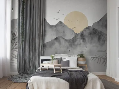 Produktbild von Vlies Fototapete Landschaft Sonnenuntergang Berge Vögel wie gemalt 400x280 cm – Moderne Vliestapete, Tapete für Wohnzimmer, Flur c-A-10077-a-c