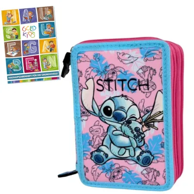 Produktbild von Federmäppchen 3 Fächer - Mäppchen für Mädchen - Federmappe 3-Fach Federtasche Gefüllte Schüleretui Schulmäppchen und Hausaufgabenheft - Stitch Motiv