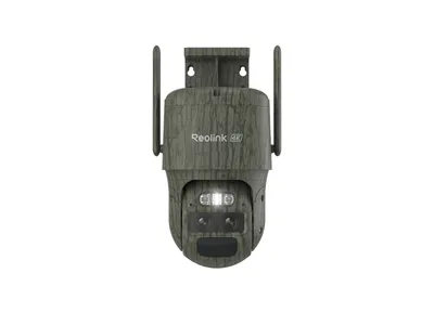 A surveillance camera with a camouflage pattern is shown against a white background.