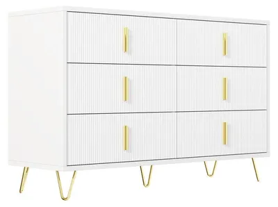 Image de Buffet - Commode avec 6 tiroirs - Façade à motifs ondulés - Grande capacité de rangement - Poignées et pieds dorés - Panneau de particules - Blanc