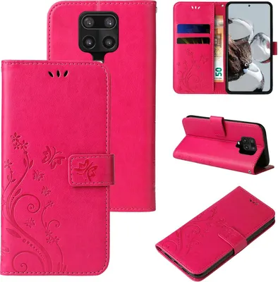 Produktbild von Handyhülle für Xiaomi Redmi Note 9 Pro Floral Blumen Schmetterling Flip Cover Hülle Case Klapphülle Handytasche Farbe: Pink