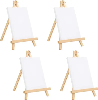 Productafbeelding van Famanu Mini-canvasdoeken met houten frame, tafelcanvas (4 stuks), 20 cm x 15 cm, voorgespannen, blanco canvasdoeken, met standaard, geschikt voor kinderen, kunst en handwerk