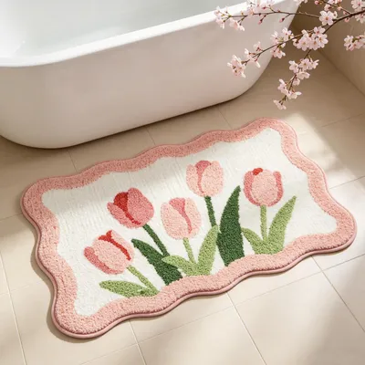 Image de Omgoods - Tapis de bain antidérapant doux avec motif de tulipes, 50 x 80 cm