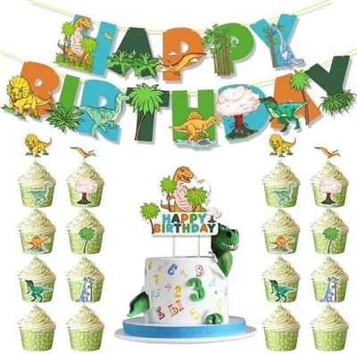 Produktbild von Dailygoods- Party Deko Set Dinosaurier Theme - Geburtstagsparty Ausrüstung - Banner/Kupus Toppers - Dekorationsprodukte - Dino Elemente - Geeignet für Kinder/Erwachsene - Dinosaurier Thema