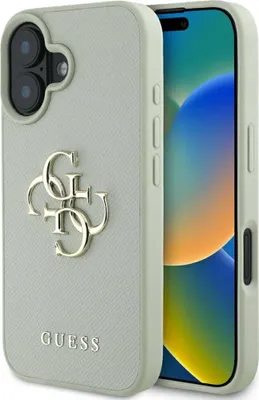 Image de Guess Grand logo 4G grainé Petit logo classique - Housse pour iPhone 16 (vert)