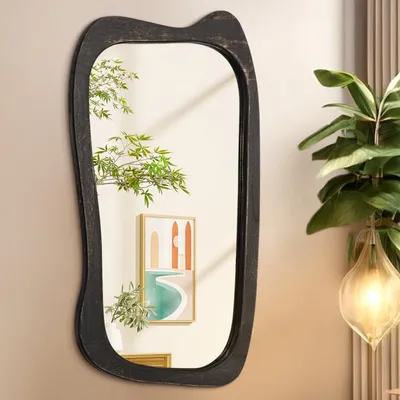 Image de Miroir mural avec cadre en bois, forme irrégulière, 70 x 40 cm. Miroir décoratif vintage, idéal pour le salon, la salle de bain ou le couloir