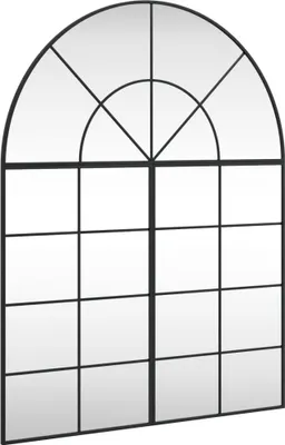 A black arched window mirror with multiple panes.