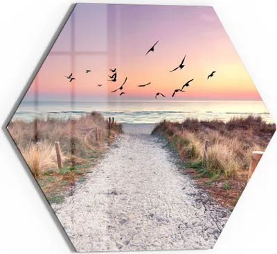 Produktbild von DEQORI Magnettafel Glas 40x35 cm 6-eckig 'Strandaufgang zur Ostsee' beschreibbar Whiteboard