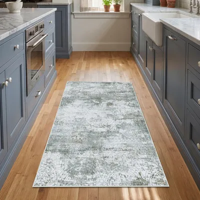 Imagen del producto de Elzusha - Alfombra vintage bohemia, 80 x 150 cm, lavable a máquina, gris y azul