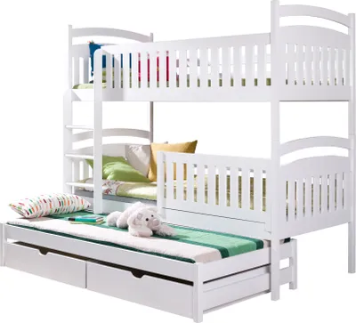 Produktbild von KEF Sofia Etagenbett Kinder Etagenbett 3 Personen Holz Kinderbett mit Schubladen ohne Matratze Weiß Leiter Rechts 80x200 cm
