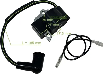 A close-up view of a chainsaw ignition coil with dimensions indicated.
