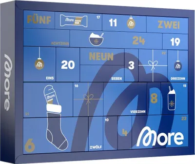 A blue advent calendar with gold lettering and numbers, decorated with festive icons.