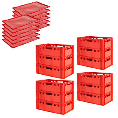 12x Euro-Plastikkiste E2, rot, mit Griff auf jeder Seite und ein passende Deckel