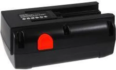 A black battery pack with a red button on a white background.