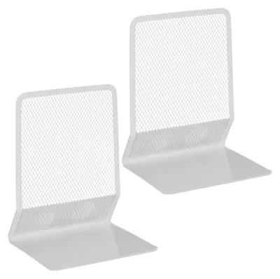 Immagine prodotto di Relaxdays, set da 2 fermalibri, design moderno in rete, per libri e raccoglitori, dimensioni (A x L x P): 17 x 13,5 x 10,5 cm, metallo, bianco