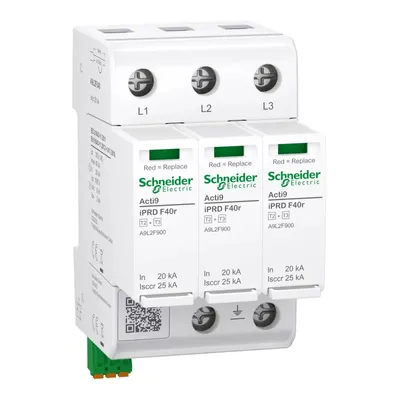 Immagine prodotto di Scaricatore di sovratensione Schneider Electric, Acti9 iPRD F40r, tipo 2+3, moduli di protezione innestabili, 3P, Imax 40 kA, fusibile integrato, contatto FM A9L2F340