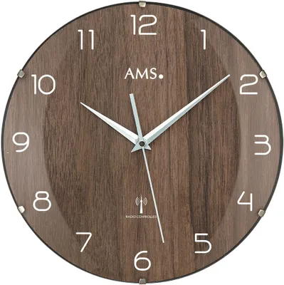 Produktbild von AMS 5558 Wanduhr Funk Funkwanduhr analog rund Nussbaum-Optik