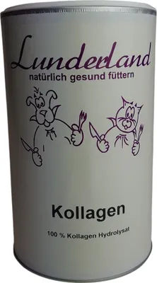 A white cylindrical container of Lunderland Kollagen for pets.