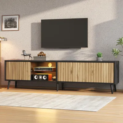Produktbild von STILVORA TV Lowboard für 75-Zoll mit LED-Beleuchtung und 3 Schränken, TV Schrank mit 6 Stützbeinen, Wohnzimmerschrank mit viel Stauraum